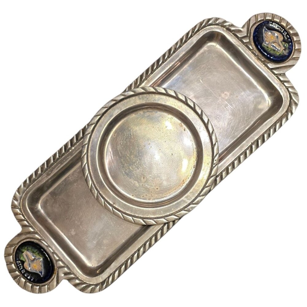 Vintage Mexican Pewter Bread Serving Tray & Round Plate Rope Detail Tile Handles